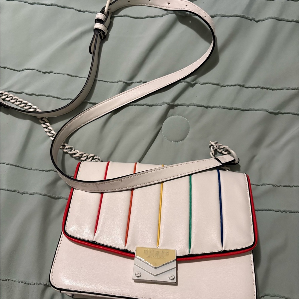 Guess White and Red Crossbody Bag with Flap Closure